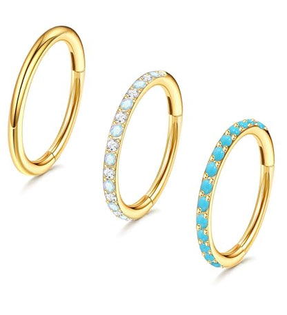 3pcs Nose Rings Hoops - 316L Surgical Steel Nose Hoops 16G/18G/20G CZ Opal Turquoise Clicker Septum Nose Ring Lip Helix Cartilage Hoop Earring Daith Rook Conch Body Piercing Jewelry for Women Men 6mm 8mm 10mm - color: Gold, size: 18 gauge(1.0mm)-8mm