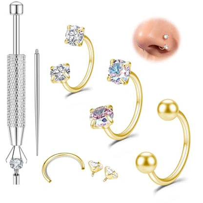 Titanium Horseshoe Nose Ring 20g, Gold Silver Nose Rings Hoops with Double CZ Gems Hypoallergenic Septum Ring for Women Men, Small Cartilage Helix Tragus Daith Labret Piercing Jewelry 7mm 8mm 9mm - color: Gold-Ball+CZ+AB