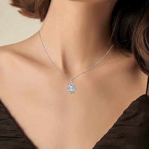 Sterling Silver Oval Necklace for Women Sparkle Cubic Zirconia Oval Shaped Pendant Necklace Hypoallergenic Adjustable Halo CZ Flower Charms Necklace Classic Jewelry Gifts for Wife Mom Bride,20inch