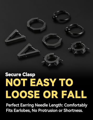 ChainsHouse Stud Earrings for Men Women,316L Stainless Steel/14K Gold/Black Plated Metal, Punk Hypoallergenic Surgical Huggie Hoop Earrings Mens Jewelry Piercing Hoop Earrings - style: F: Black-Different Disign(4 Pairs)