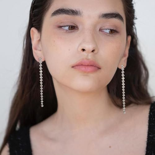 Luxval Rhinestone Earrings Dangling for Women Sparkly Silver Dangle Earrings Girls Long Chandelier Earrings Tassel Lightweight Ear Studs Cubic Zirconia Crystal Statement - color: Silver-Linear Earrings