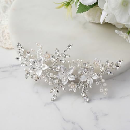 SWEETV Wedding Hair Clip for Brides Comb Bridal Hair Accessories Headpiece | Silver Handmade Flower Pearl Hair Comb Rhinestone Leaf Bridal Headpiece, Crystal Wedding Hair Pieces Brides Bridesmaids Women - color: Silver