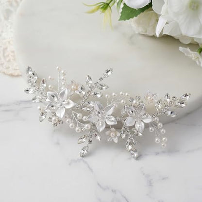 SWEETV Wedding Hair Clip for Brides Comb Bridal Hair Accessories Headpiece | Silver Handmade Flower Pearl Hair Comb Rhinestone Leaf Bridal Headpiece, Crystal Wedding Hair Pieces Brides Bridesmaids Women - color: Silver