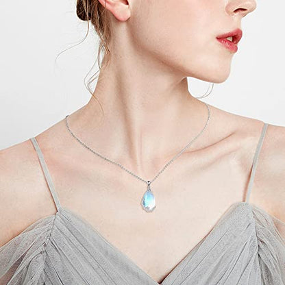 VONALA Sterling Silver Necklace Moss Agate/Turquoise/Larimar/Aquamarine/Opal/Black Onyx/Rose Quartz/Moonstone Pendant Teardrop Necklace Jewelry Gift for Women - style: Moonstone