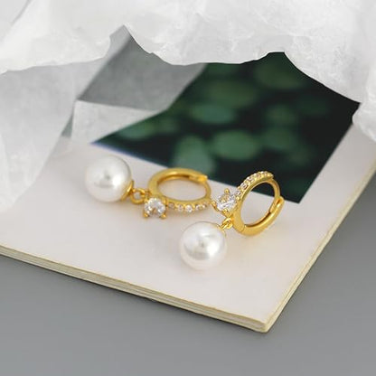 Long Pearl Earrings for Women 925 Sterling Silver Dangle Earrings | Hypoallergenic Dainty Dangle Drop Earrings, Elegant Pearl Jewelry for Bridal, Mother's Day Anniversary Birthday Jewelry Gift - color: Gold CZ