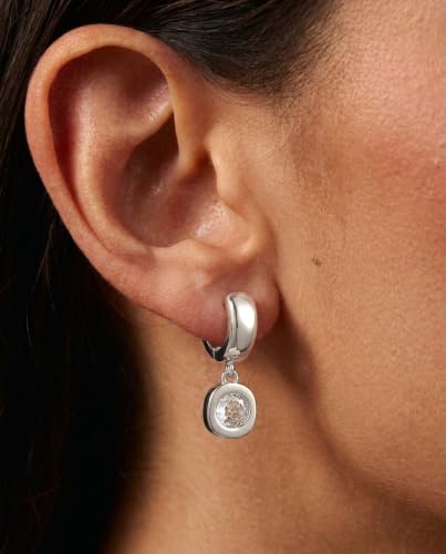 Gold Chunky Dangle Earrings for Women, Bezel Set Cubic Zirconia Charm | 14K Gold Silver Plated, Statement Huggie Hoops Drop Earrings, Trendy Jewelry Gifts, High Grade CZ, Hypoallergenic Lightweight - color: SL-Round CZ Hoop