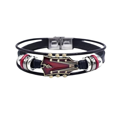 3 Set Retro Guitar Leather Bracelet For Man, Handmade Braided Zinc Alloy Rock Music Multi-Layer Wrap Bracelets Unique Punk Style Gifts Jewelry - color: Retro Red