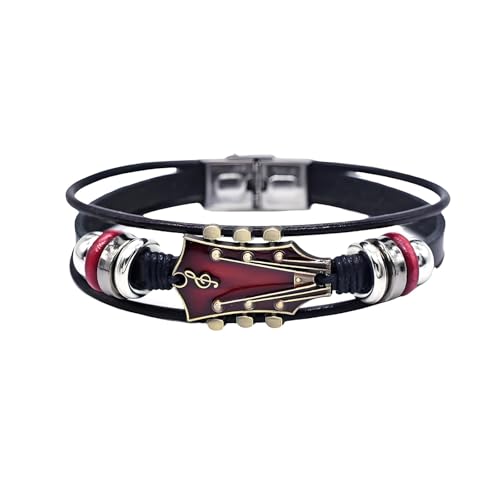 3 Set Retro Guitar Leather Bracelet For Man, Handmade Braided Zinc Alloy Rock Music Multi-Layer Wrap Bracelets Unique Punk Style Gifts Jewelry - color: Retro Red