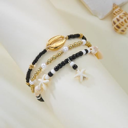 Starfish Mermaid Anklets Bracelets for Women Waterproof Gold Beaded Seashell Starfish Anklets Bohemian Summer Surf Stackable Anklet Bracelet Hawaiian Mermaid Jewelry Outfits for Women - style: 3PCS Black starfish