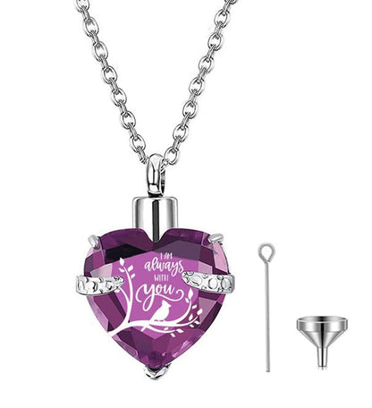 Q&D&S Crystal Urn Necklace for Ashes, Heart Birthstone Memorial Cremation gift Jewelry for Women - color: purple