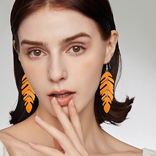 Handmade Unique Lightweight Bohemian Genuine Leather Leaf Dangle Drop Earrings Dainty Sparkly Chain Feather Hook Earring for Women Statement - color: Orange