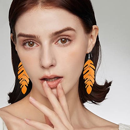 Handmade Unique Lightweight Bohemian Genuine Leather Leaf Dangle Drop Earrings Dainty Sparkly Chain Feather Hook Earring for Women Statement - color: Orange