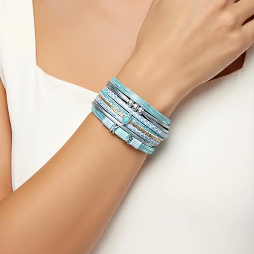 Edoneery Leather Wrap Bracelets for Women, Boho Layered Cuff Bangle | Multi-layer Leather Cuff, Daily wear, Stackable Bangle, Easy on-off, Western Jewelry Gifts for Women - color: Blue-2