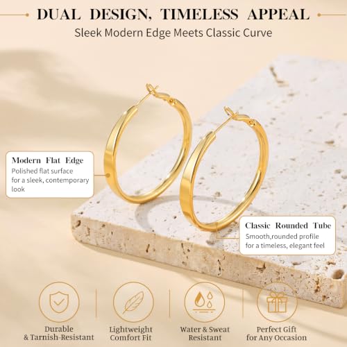 sovesi Flat Edge Chunky Hoop Earrings for Women 14k Gold Plated, 5mm Thick Hoops, Lightweight Hypoallergenic Hoop Earrings - color: Gold 40mm