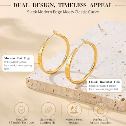 sovesi Flat Edge Chunky Hoop Earrings for Women 14k Gold Plated, 5mm Thick Hoops, Lightweight Hypoallergenic Hoop Earrings - color: Gold 40mm