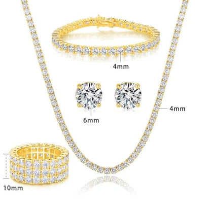Gemsme 18K Yellow Gold Plated Tennis Necklace/Bracelet/Earrings/3 Row Ring Sets Pack of 4 - color: Yellow Gold