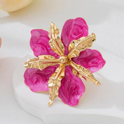 Retro Large Gold Leaves Black Red Enamel Flower Ring for Women Jewelry Gift | Bold Oil Drip Light Red Floral Irregular Petals Statement Gold Leaf Joint Finger Ring Punk Vacation Y2k Party Boho Accessory - color: Red