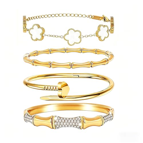 Stackable Gold Bracelets for Women - 4 Sets, 18K Gold Plated Bracelets, Stainless Steel Bangle Bracelets Non-Tarnish, Stylish Gold Jewelry Ensemble, Valentine's Day, Birthday and Christmas Jewelry Gifts - color: A7-(Gold 4Sets)