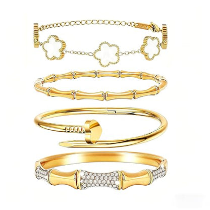 Stackable Gold Bracelets for Women - 4 Sets, 18K Gold Plated Bracelets, Stainless Steel Bangle Bracelets Non-Tarnish, Stylish Gold Jewelry Ensemble, Valentine's Day, Birthday and Christmas Jewelry Gifts - color: A7-(Gold 4Sets)