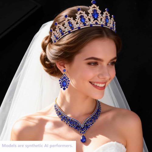 Kamirola Bridal Wedding Tiara Crown Jewelry Set for Women/Brides/Bridesmaids Crystal Jewelry Set for Wedding Prom Party Bridal Crystal Necklace Earrings Bracelet Set(TR60) - color: Gold Blue