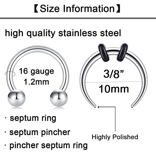 Longita Septum Rings Septum Jewelry 16g 18g Septum Ring Septum Piercing 20g Horseshoe Earring Hoop Lip Ring Silver Black Gold - color: 16g 10mm barbell+pincher
