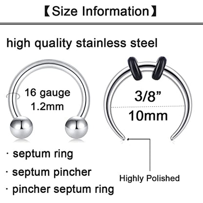 Longita Septum Rings Septum Jewelry 16g 18g Septum Ring Septum Piercing 20g Horseshoe Earring Hoop Lip Ring Silver Black Gold - color: silver+black+rose gold