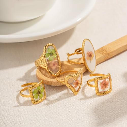 Hebelee Handmade Dried Flower Statement Ring for Women | Gold-Toned Stainless Steel,Adjustable,Pressed Blossom Forget-Me-Not Flowers Open Band Rings,Wedding Holiday Jewelry - color: Square Pink