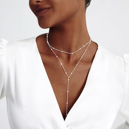 Zeffy Gold Pearl Necklace for Women, Dainty 14K Gold/Silve Plated Layered Pearl Choker Pearl Earrings Pearl Bracelets Wedding Trendy Gold Jewelry Set for Women Gifts - style: Silver Pearl Y Necklace&Drop Earrings&Bracelet-3PCS