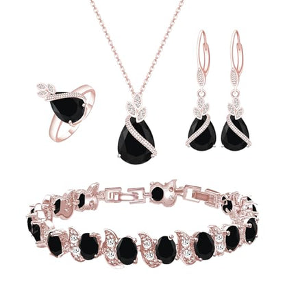 GZWHD Jewelry Set for Women CZ Earrings Necklace Ring Bracelet Set Prom Party Wedding Jewelry Gift for Mother Friend Wife - color: A-Rose Gold-Black