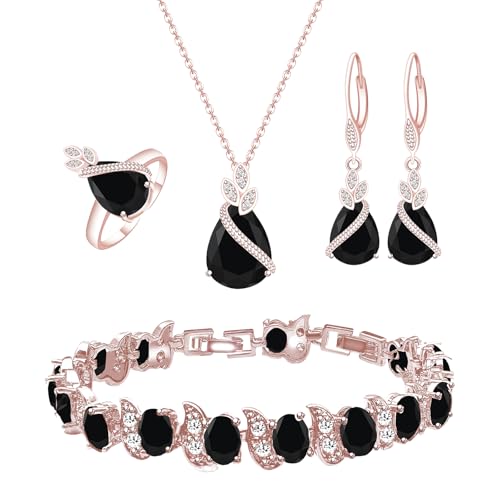 GZWHD Jewelry Set for Women CZ Earrings Necklace Ring Bracelet Set Prom Party Wedding Jewelry Gift for Mother Friend Wife - color: A-Rose Gold-Black