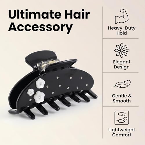 Black Hair Claw Clip with Flowers, 4 Inch Large Hair Clips for Women | Acetate Non-Slip Strong Hold, Jumbo Jaw Clips Accessories for Thick Heavy Curly Long Hair , Black Claw Clips - color: Black