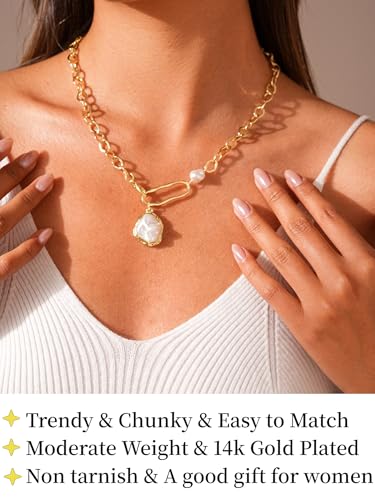 Gold and Pearl Necklace for Women 14K Gold Plated Trendy Baroque Pearl Pendant Drop Necklace Elegant Wedding Bridal Prom Jewelry Gift