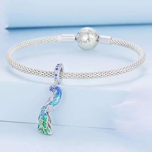 BISAER 925 Sterling Silver Charms for Bracelets Cat Dog Sloth Animal Beads Butterfly Fairy Heart Dangle Pendant Charms - color: Peacock
