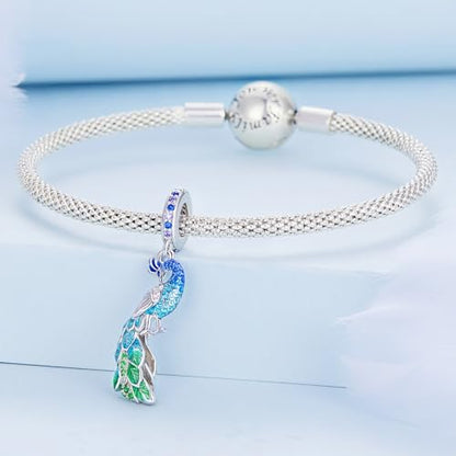 BISAER 925 Sterling Silver Charms for Bracelets Cat Dog Sloth Animal Beads Butterfly Fairy Heart Dangle Pendant Charms - color: Peacock