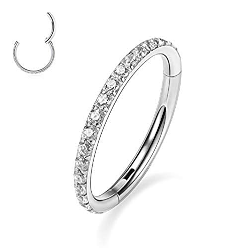 GAGABODY Surgical Steel Hypoallergenic Nose Ring Earring CZ Hoop for Unisex | Hinged Seamless Clasp,Used in Nostril,Septum,Lip,Eyebrow,Nipple and All Ear Piercings.22G to 12G,Inner Diameter 5mm to 14mm - color: Style1:Silver+Clear CZ, size: 14G-8mm