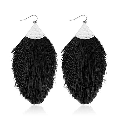 Bohemian Silky Thread Fan Fringe Tassel Statement Earrings - Lightweight Strand Feather Shape Dangles - color: Feather Fringe - Black Silver