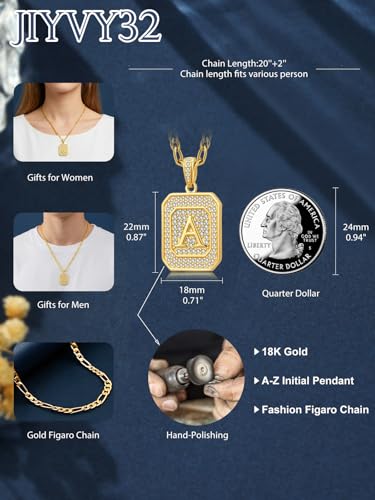 Initial Letter Pendant Necklace for Men Women, 14K/18K Gold A-Z | Square Monogram Pendant Jewelry Waterproof and colorfast with Figaro Chain, Gifts for Women Men - style: 18K Gold C