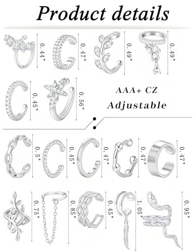 16 Pcs Ear Cuff Earrings for Women Non Piercing Gold Silver Plated Ear Cuffs Non Pierced Snake Leaf CZ Star Feather Waterdrop Chain Ears Cuff Wrap Earring Clip on Cartilage Helix Fake Earrings Lightweight Adjustable - color: Silver