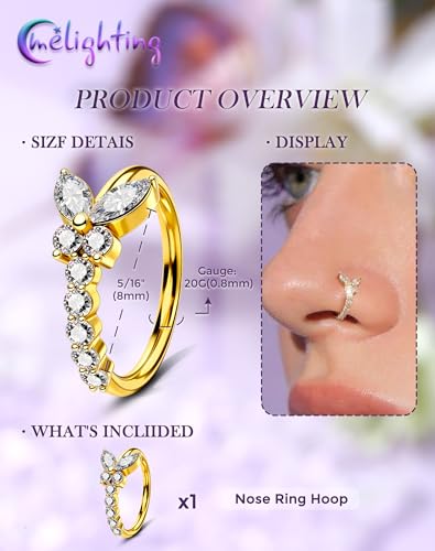 Melighting 20G Butterfly Nose Ring Hoop 8 mm Open Seamless Nose Piercing Jewelry Surgical Steel 316L, Twist Nostril Ring with Marquise and Round CZ, Silver Flower Body Piercing for Women - style: Butterfly Gold