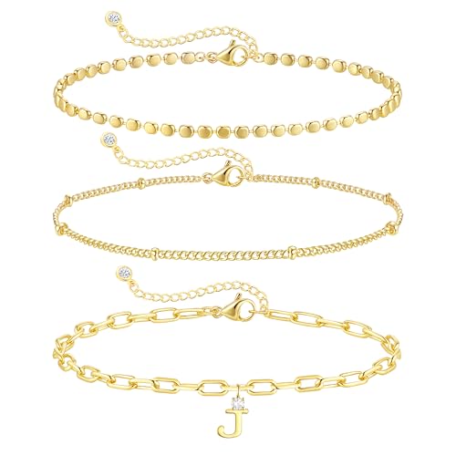 ZHESHY Gold Initial Bracelets for Women Dainty Letter A-Z Charm Bracelets Non Tarnish 14K Gold Plated Stackable Layered Paperclip Link Chain Bracelets Stack Set Personalized Gifts Womens Jewelry - color: Gold J