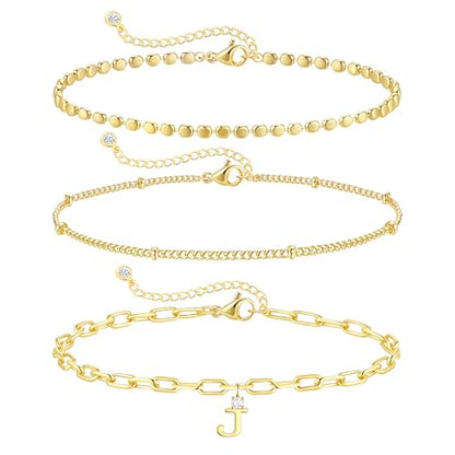 ZHESHY Gold Initial Bracelets for Women Dainty Letter A-Z Charm Bracelets Non Tarnish 14K Gold Plated Stackable Layered Paperclip Link Chain Bracelets Stack Set Personalized Gifts Womens Jewelry - color: Gold J