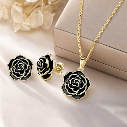 Enamel Rose Necklace and Earrings Jewelry Set for Women | 14K Gold Plated,Rose Represent: Love Gratitude Prid,Adjustable Chain Fit,Elegant Sets for Daily and Party Wear,Gift Box - color: Black