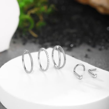 Xpircn 5pcs Hoop Nose Rings and L Shaped Nose Rings Stud Set 18G/20G Stainless Steel CZ Helix Conch Daith Tragus Cartilage Hoop Earrings for Women 6mm 7mm 8mm 10mm - color: Silver, size: 18G, 10mm hoop & 7mm studs