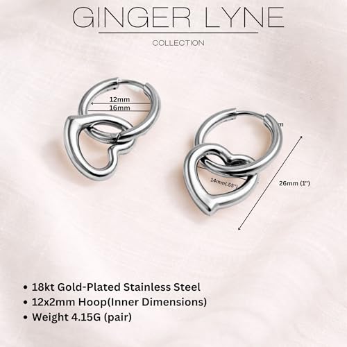 Open Heart Charm Hoop Earrings for Women by Ginger Lyne | 18K Gold Plated Stainless Steel Lightweight 12mm Classic Round Clicker for Lobe Cartilage Piercing Body Jewelry for Her - color: Silver Tone