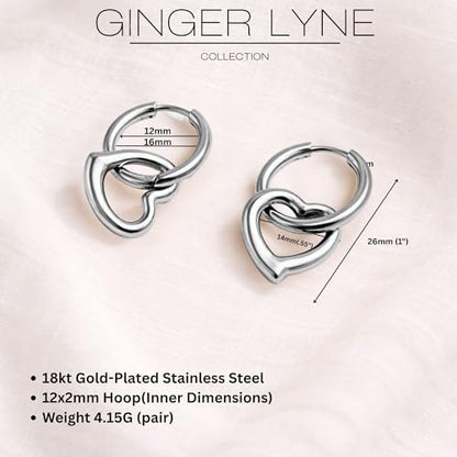 Open Heart Charm Hoop Earrings for Women by Ginger Lyne | 18K Gold Plated Stainless Steel Lightweight 12mm Classic Round Clicker for Lobe Cartilage Piercing Body Jewelry for Her - color: Silver Tone