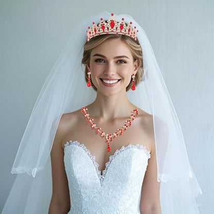 Crystal Crown and Tiara Jewelry Set for Women Bride with Necklace Earrings | Metal Rhinestone Royal Queen Princess Jewelry Set Wedding Quinceanera Pageant Prom Birthday Halloween Party Costume Gift - color: Red