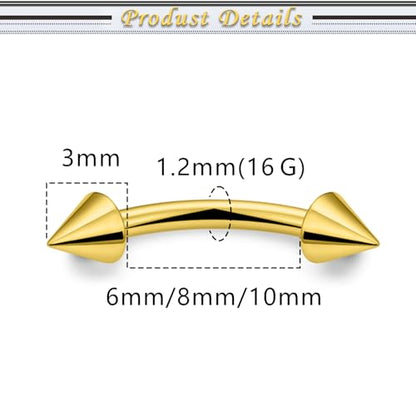 Internally Threaded Eyebrow Piercing Jewelry Surgical Steel Tiny Eyebrow Rings Vertical Labret Lip Jewelry Small Ear Rook Earring for Women Men 18g 16g 14g Plus Piercing Ball Grabber Tool - color: goldtone, size: 16g,spike end
