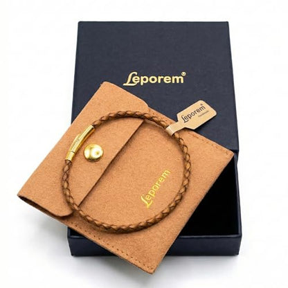 Leporem Premium Brown Braided Leather Bracelet 18K Gold Plated Minimalist Everyday Jewelry Secure Push Lock Clasp Luxury Gift Box
