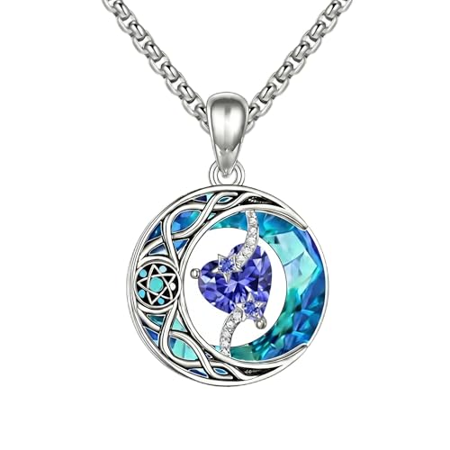 ONEFINITY Moon Star Necklace 18K White Gold Plated Celtic Moon Birthstone Pendant Necklaces Heart Birthstone Anniversary Birthday Jewelry Gifts for Women Wife Mom - style: December