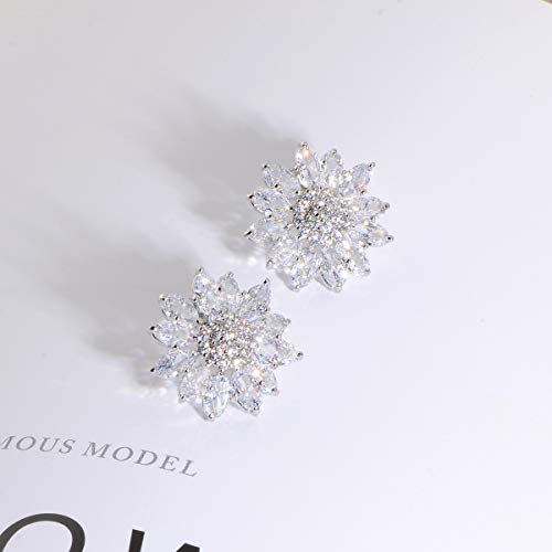 Crystal Flower Burst Stud Earirings - Big Sterling Silver CZ Cubic Zirconia Rhinestone Daisy Sunflower Floral Cluster Studs Bridal Wedding Party Prom Costume Jewelry for Bride Bridesmaids Women Birthstone Birthday Gift - color: Silver